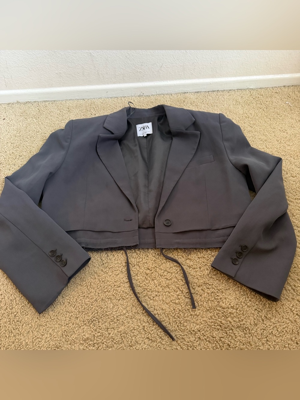 Zara Cropped Drawstring Blazer Jacket - Charcoal Gray